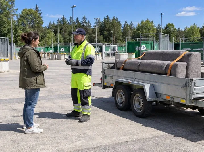 Una vecina conversa con un operario junto a un remolque que transporta un sofá en un recinto de gestión de residuos