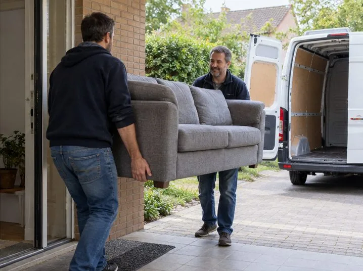 Dos hombres trasladan un sofá gris por la entrada de una vivienda hacia una furgoneta
