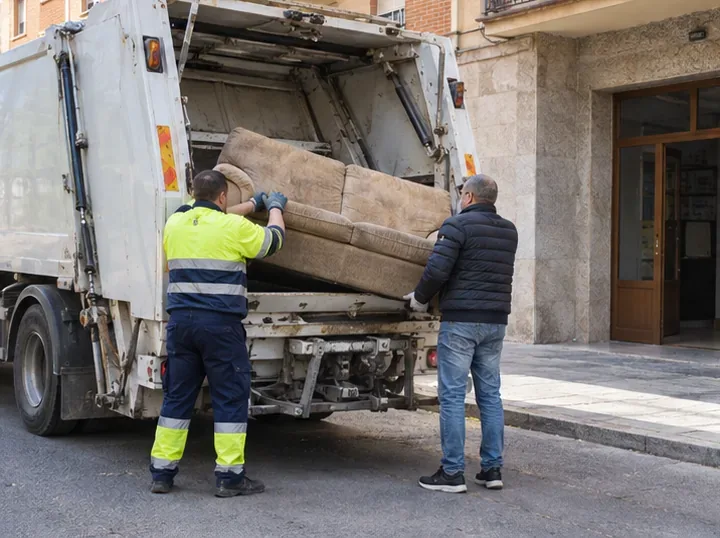 Trabajador municipal y vecino colocan un sofá en un camión de recogida de enseres