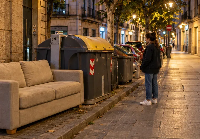 Un sofá de tela beige está junto a un contenedor en una calle al anochecer y queda espacio de paso