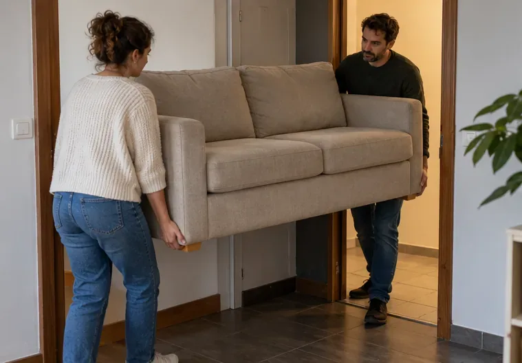 Dos personas trasladan un sofá de tela beige por la puerta de una vivienda