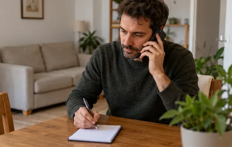 Un hombre habla por teléfono y toma notas en una mesa, con el sofá al fondo
