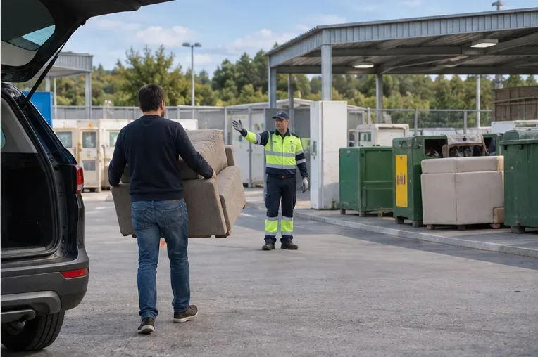 Persona transportando una pieza de sofá desde un vehículo hacia la zona indicada por un trabajador de un punto limpio
