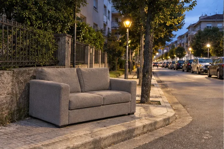 Sofá colocado junto a una acera al anochecer para una recogida previamente concertada