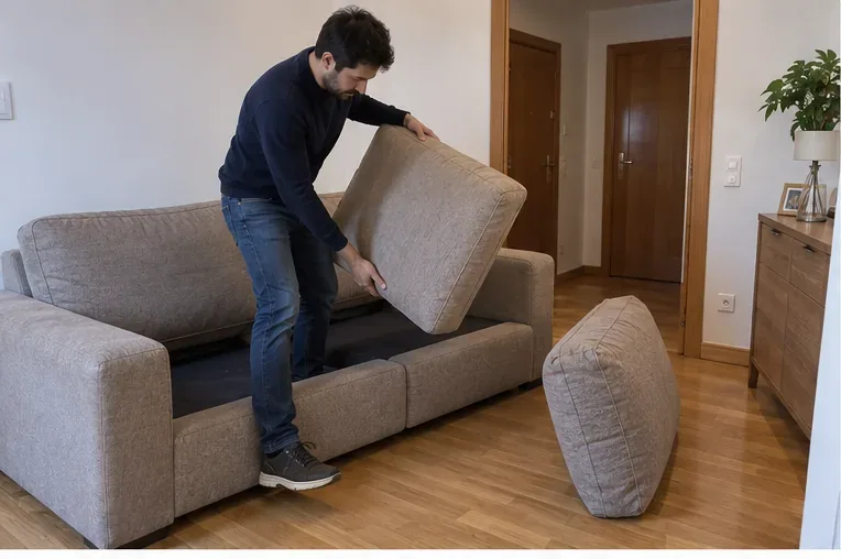 Persona retirando los cojines de un sofá antes de prepararlo para su retirada como residuo voluminoso