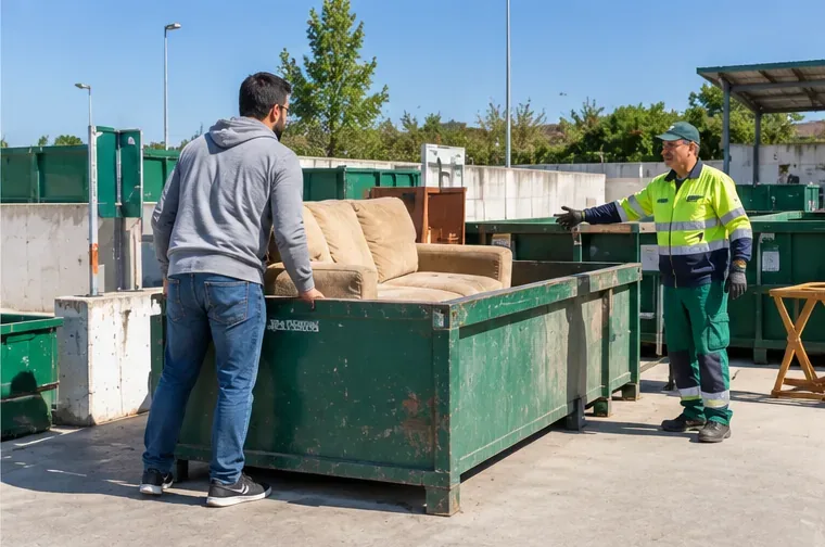 Una persona entrega un sofá en un punto limpio mientras un operario indica el contenedor de destino