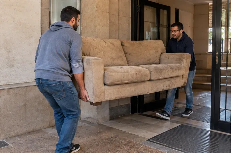 Dos personas transportan un sofá grande a través de la entrada de un edificio