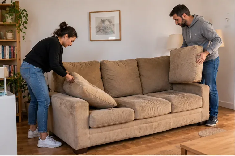 Dos personas retiran cojines de un sofá beige dentro de una vivienda antes de prepararlo para su retirada