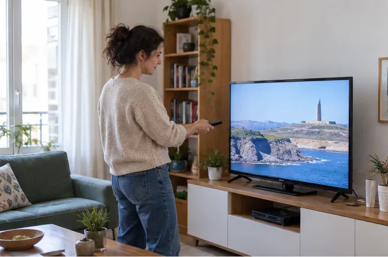 Una mujer comprueba un televisor de pantalla plana encendido en el salón antes de decidir si lo reutiliza o lo desecha.