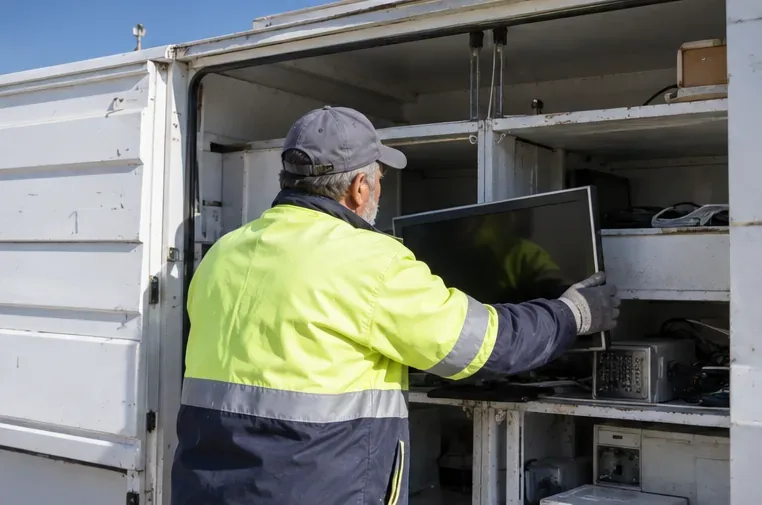 Un operario coloca un televisor en la zona de carga de un vehículo de recogida de aparatos eléctricos.