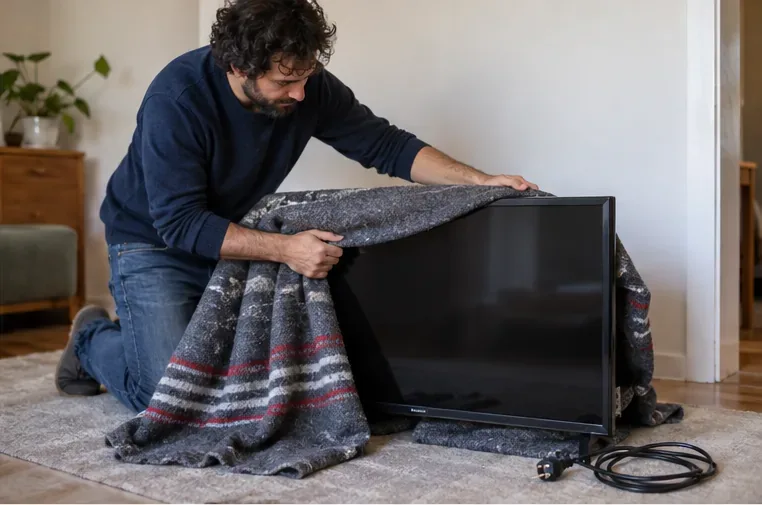Un hombre cubre con una manta un televisor de pantalla plana para protegerlo antes de moverlo.