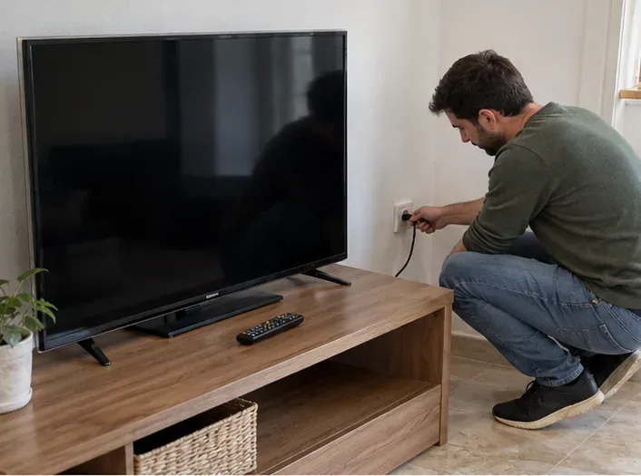 Persona desenchufando un televisor apagado junto a un mueble del salón