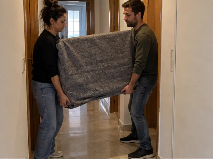Dos personas transportan un televisor protegido con una manta por un pasillo