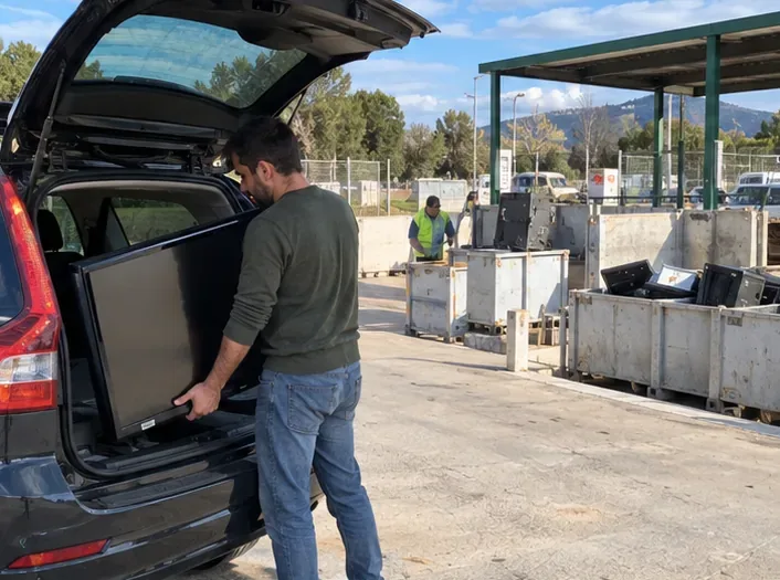 Persona saca un televisor entero del maletero en una instalación de recogida de aparatos