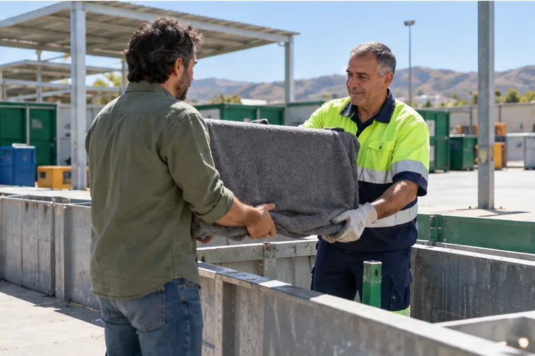 Un residente entrega un televisor cubierto a un trabajador en una instalación de reciclaje municipal