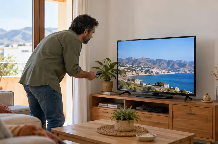 Un hombre comprueba un televisor de pantalla plana que todavía está instalado en el salón