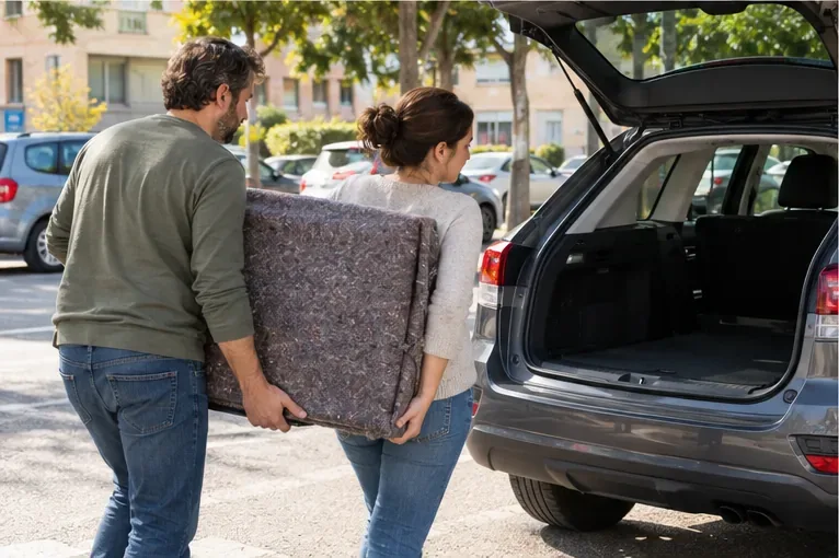 Dos personas cargan un televisor protegido en posición vertical hacia un coche