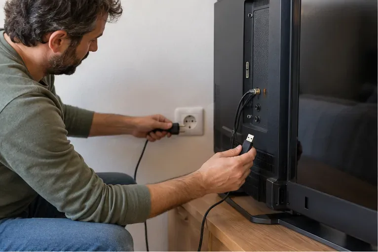 Una persona desenchufa un televisor y retira un dispositivo USB antes de llevarlo al punto limpio