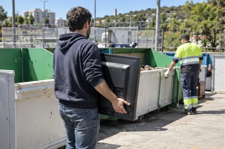 Persona llevando un televisor antiguo a una instalación de recogida y reciclaje con contenedores separados