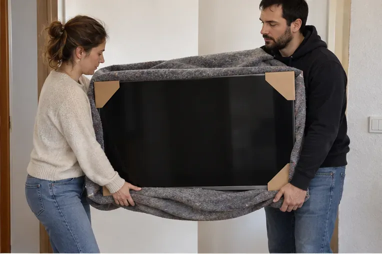 Dos personas transportando un televisor protegido con una manta y cantoneras de cartón