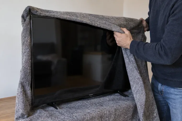 Televisor plano envuelto con una manta gruesa que protege la pantalla y los bordes