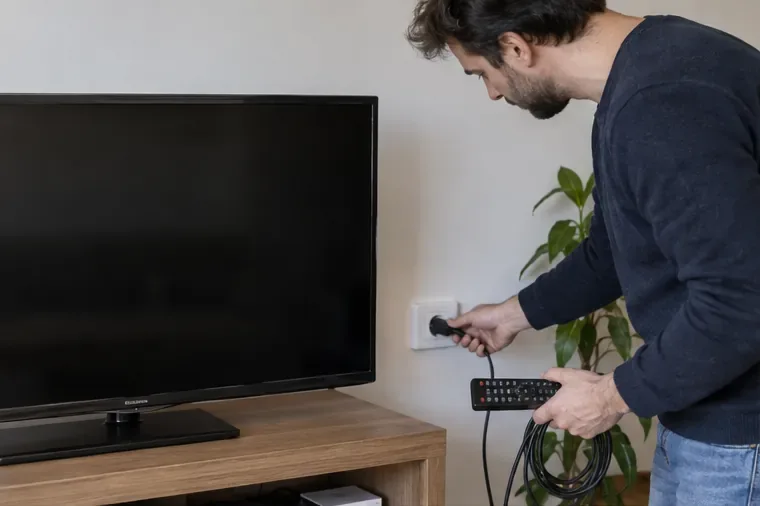 Una persona desenchufa un televisor plano y recoge el mando y los cables antes de moverlo