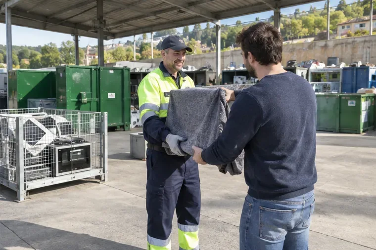 Una persona entrega un televisor protegido a un trabajador en un punto de recogida de aparatos eléctricos