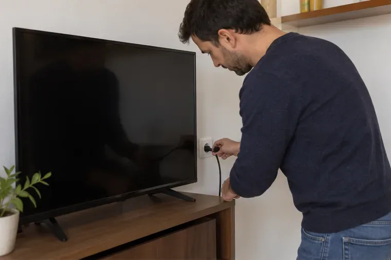 Una persona desconecta de la toma de corriente un televisor de pantalla plana colocado sobre un mueble