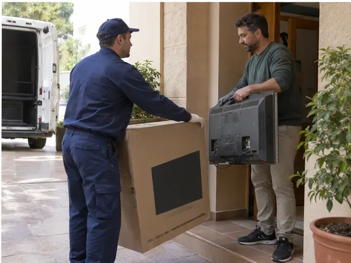Un repartidor entrega un televisor nuevo en una vivienda mientras recoge el aparato antiguo para su gestión adecuada.