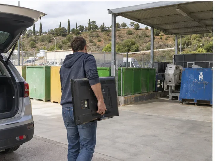 Un usuario lleva un televisor desde su vehículo hacia una instalación de recogida de residuos eléctricos y electrónicos.