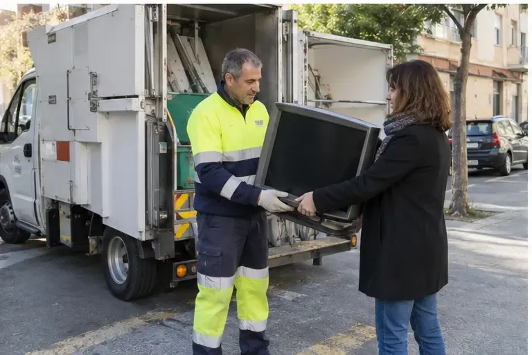 Vecina entregando un televisor a un trabajador junto a un vehículo móvil de recogida selectiva en una calle urbana