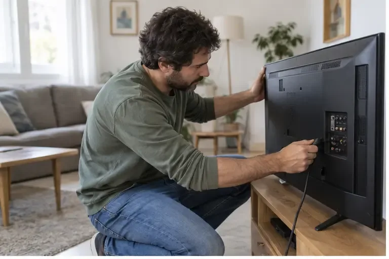 Persona desenchufando un televisor de pantalla plana y revisando sus conexiones traseras en el salón