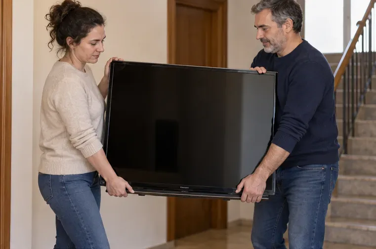 Dos personas transportan entre ambas un televisor apagado sujetándolo por el marco en una vivienda