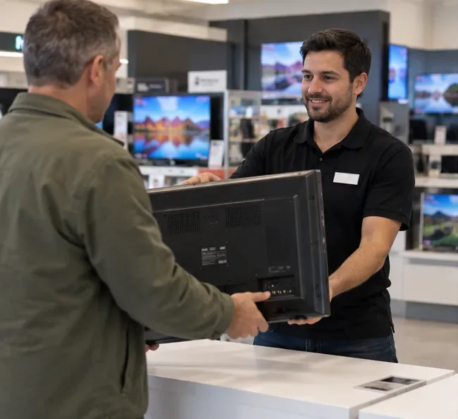 Cliente entregando un televisor antiguo a un empleado de una tienda de electrónica para su recogida