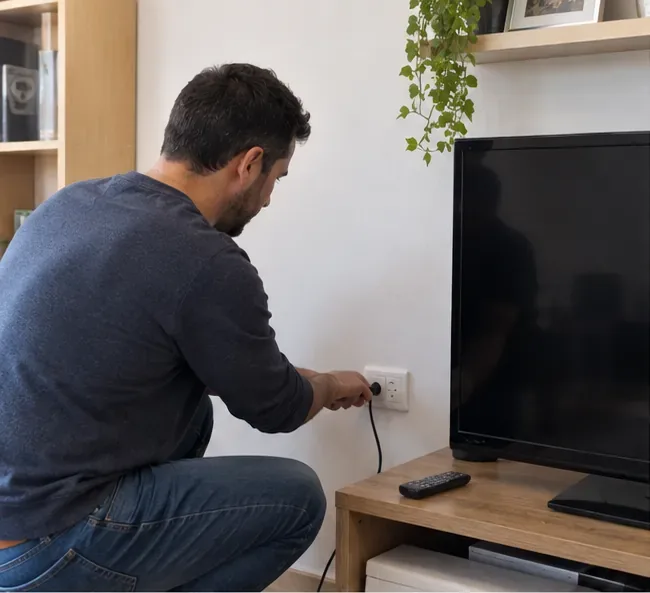 Hombre desenchufando un televisor de pantalla plana en un salón antes de prepararlo para su retirada