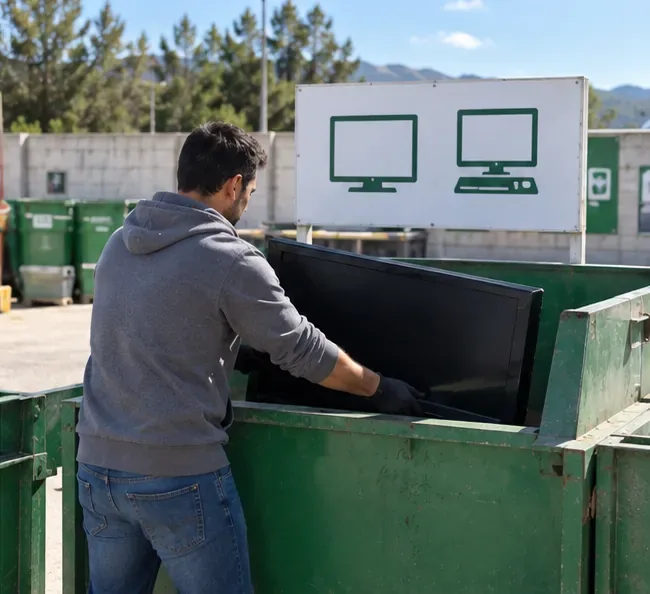 Persona depositando cuidadosamente un televisor de pantalla plana en la zona de recogida de televisores y monitores de un punto limpio
