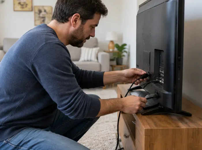 Persona desconectando los cables de alimentación y señal de la parte trasera de un televisor
