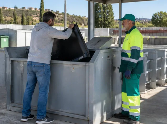 Persona entregando un televisor en una instalación de reciclaje bajo supervisión de un operario