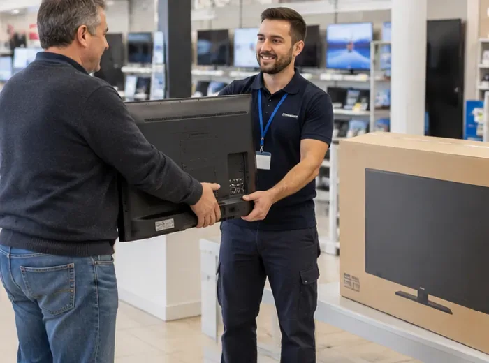 Cliente entregando un televisor usado a un empleado de una tienda de electrónica al comprar un aparato nuevo