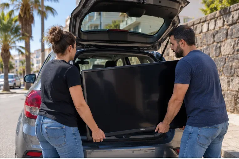 Dos personas introduciendo con cuidado un televisor de pantalla plana en el maletero de un coche