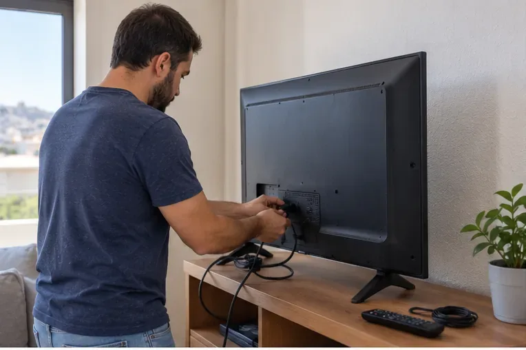 Persona desconectando los cables de un televisor de pantalla plana antes de retirarlo del mueble
