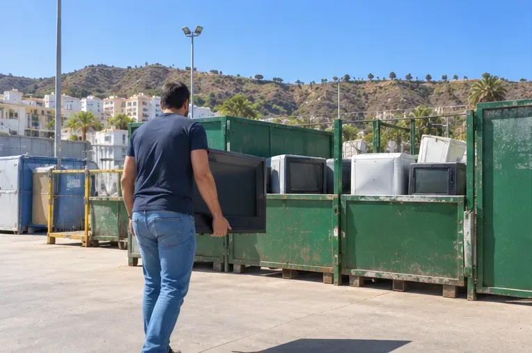 Persona llevando un televisor hacia una zona de recepción de aparatos eléctricos en una instalación de reciclaje