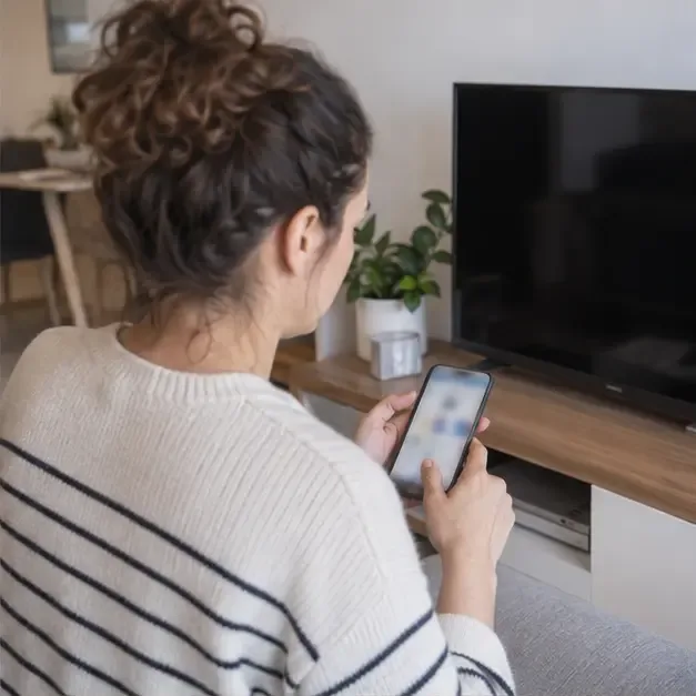 Una persona consulta su teléfono junto a un televisor para organizar una recogida de residuos