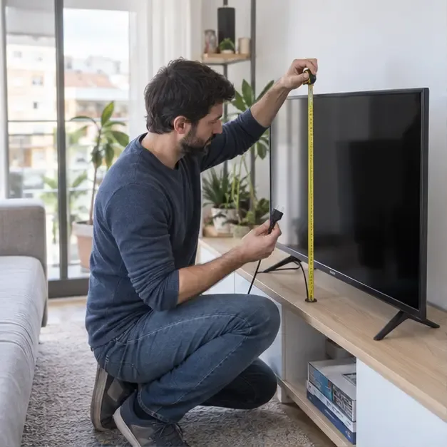 Una persona mide un televisor de pantalla plana y sostiene su cable desenchufado en un salón