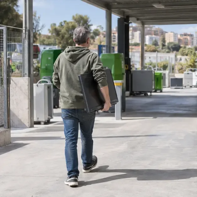 Un hombre transporta una pantalla plana intacta hacia una instalación de reciclaje limpia y cubierta