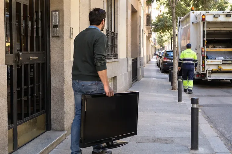 Una persona lleva un televisor hacia un punto de recogida en una calle residencial mientras se ve un camión de residuos