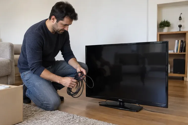 Una persona desconecta los cables de un televisor antes de retirarlo de una vivienda