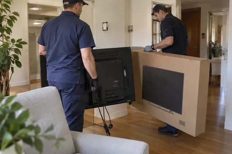 Dos repartidores retiran un televisor antiguo mientras entregan un televisor nuevo embalado