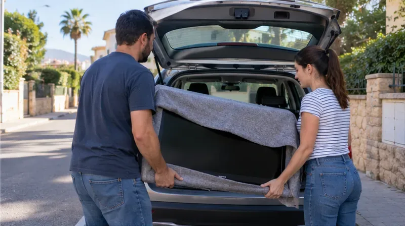 Dos personas cargando un televisor protegido con una manta en el maletero de un coche