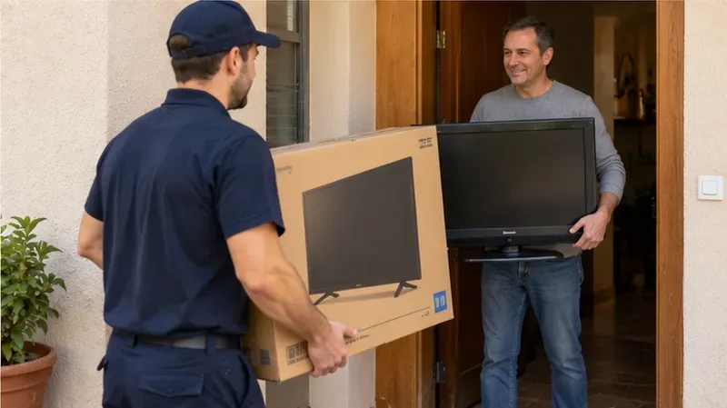 Repartidor entregando un televisor nuevo mientras el residente sostiene el televisor antiguo para su retirada